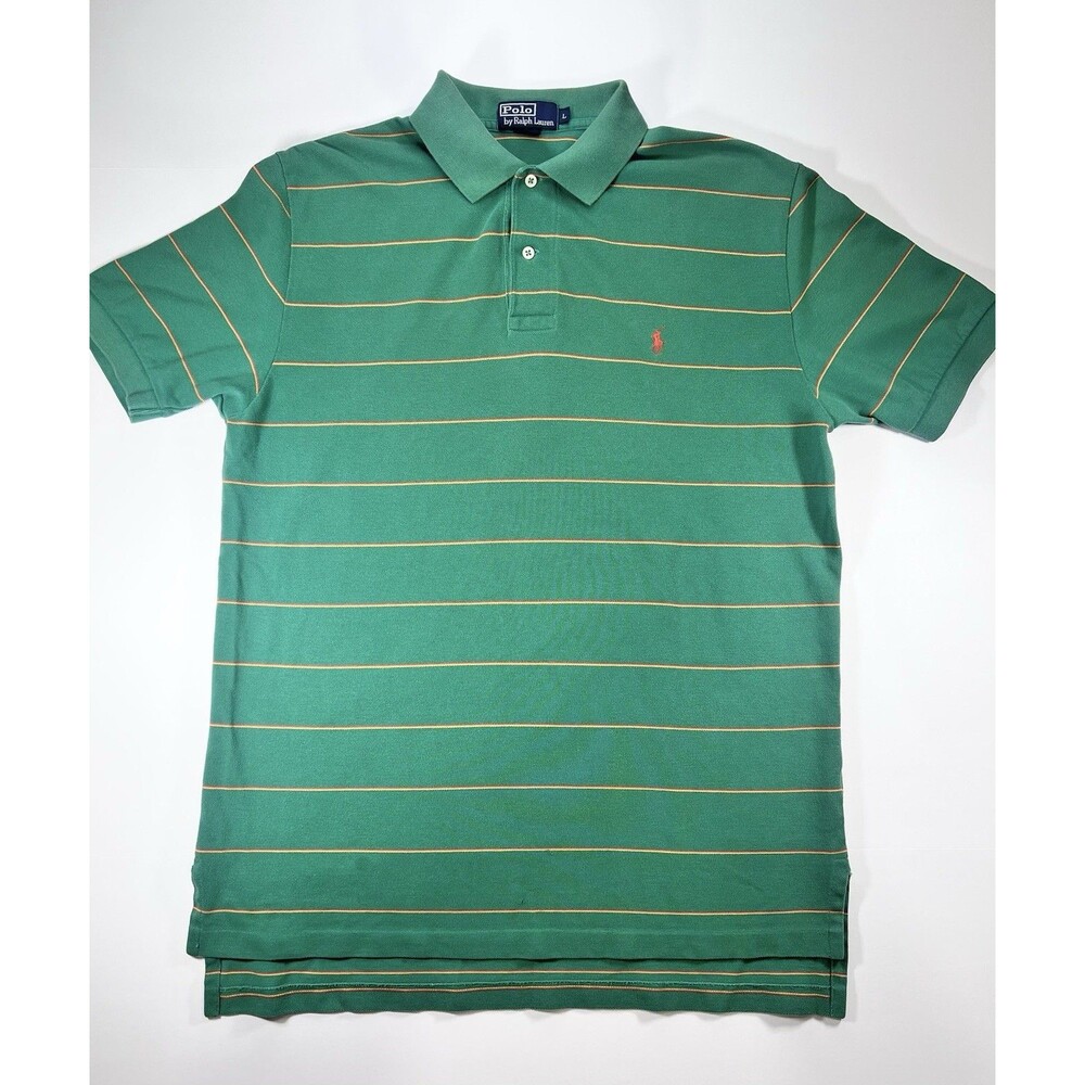 Ralph Lauren Polo Shirt‎ L Green W/ Orange & Yellow Stripes. Thrashed Vtg